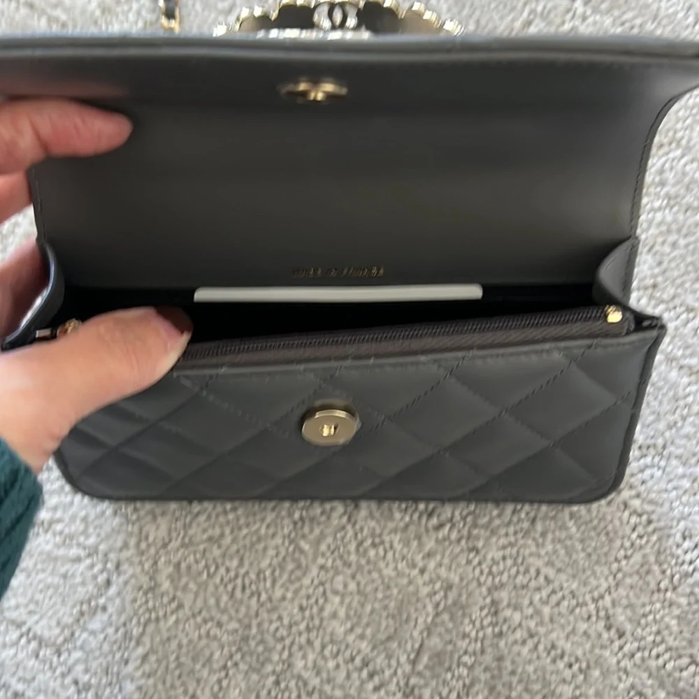 Chanel Grey Flap Phone Holder with Floral Handle and Chain
